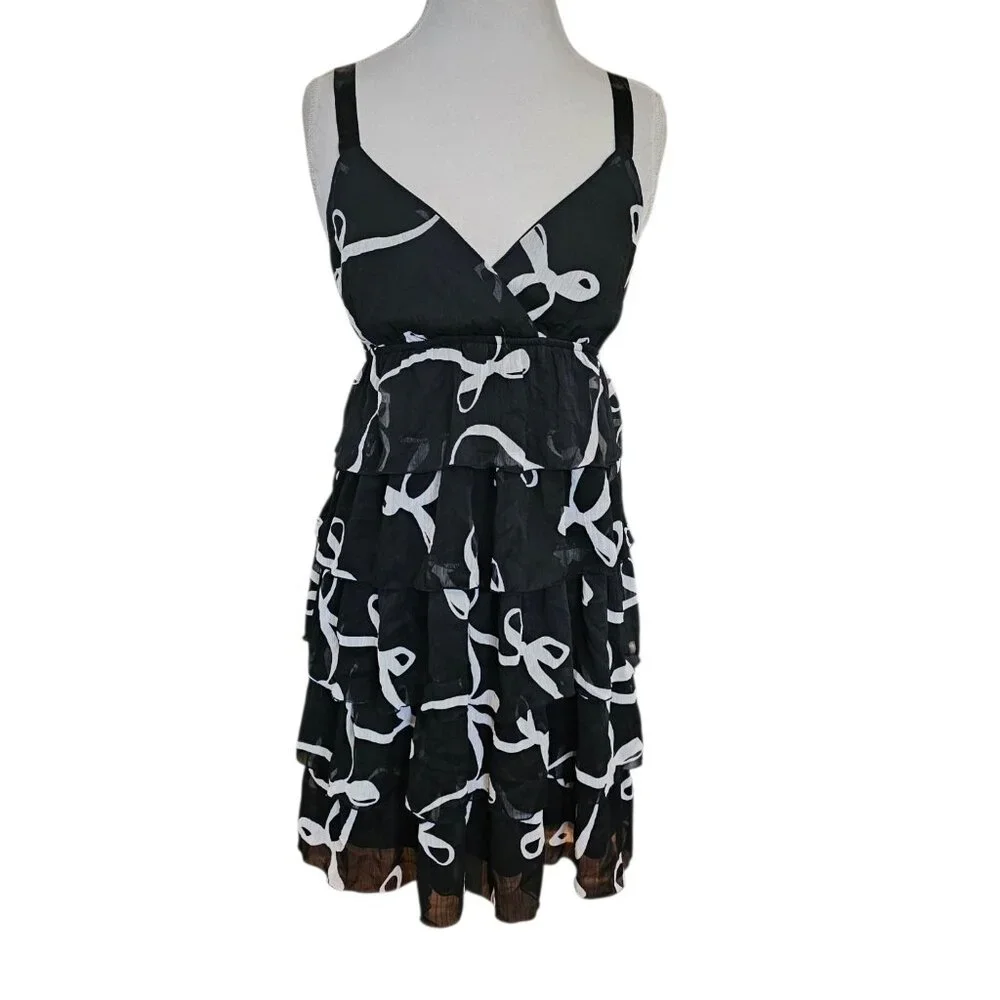 Y2K Womens Babydoll Dress‎ Black Bow Print Tiered Ruffles Sz M L Retro Coquette